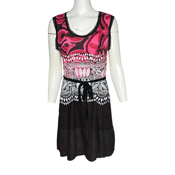 Desigual Atypical Chula Life Sleeveless Dress A-Line Pink Black Red Size Large - Picture 1 of 9